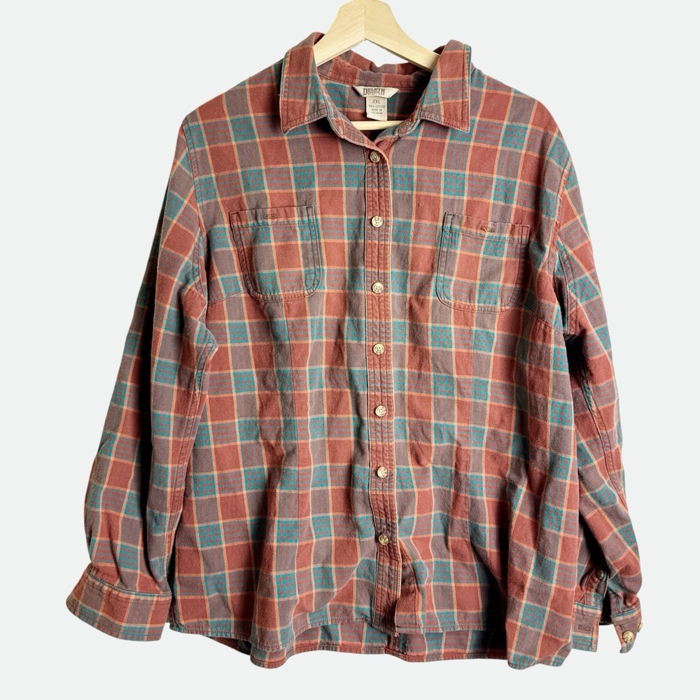 Duluth Women 2X Rust Turquoise Plaid Flannel Workwear Ranch Western